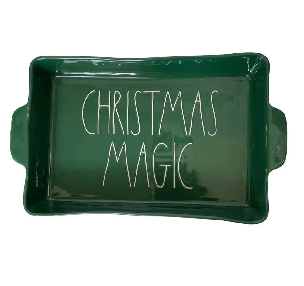 Rae Dunn Christmas Magic Lasagna Dish Green Ceramic Baking Magenta READ Chipped